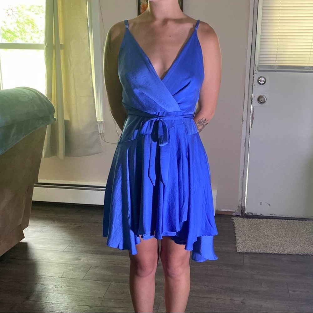 Aritzia Blue Asymmetrical Wrap Sundress